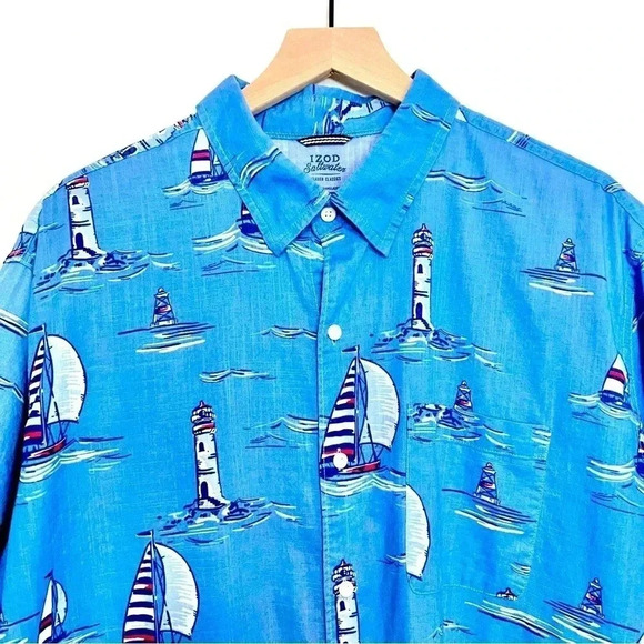 IZOD Blue Sail Boat Button Up Shirt - Picture 3 of 7